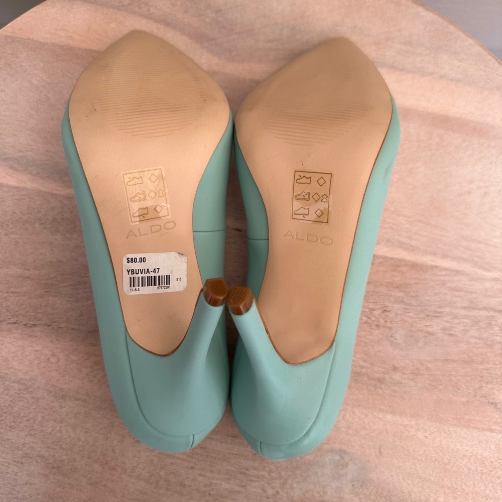 Aldo Mint Green Leather Pointed Toe Stiletto Pumps Scalloped Heel Womens 8 38.5 - Picture 12 of 13